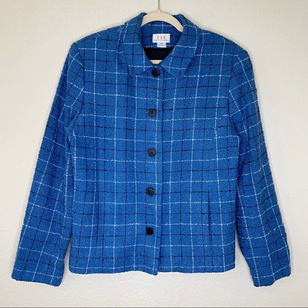 Cricket Lane Collection Wool Blend Textured Blue Plaid Blazer Jacket, Size 12